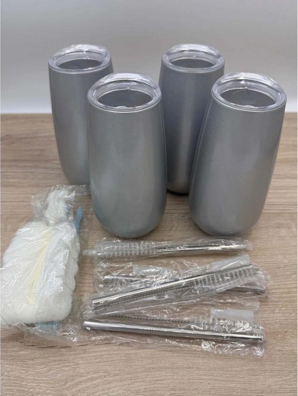 4 Pack Stemless Double Insulated Champagne Flute Tumbler with Lid 5 Oz Silver